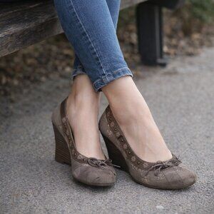 Call It Spring Boho Wedge Pumps - Taupe Floral Embroidered Heels